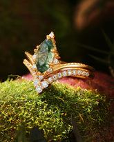 CELIA Natuer Inspired Marquise Cut Moss Agate Engagement Ring Set with Curved Wedding Band